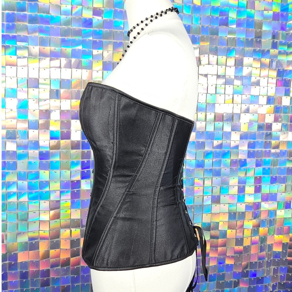 Satin Corset Top Women S Black Excellent‎ Lace Up Busk Boned Goth - Picture 6 of 10